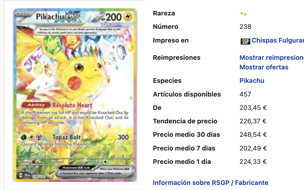 Detalles de la carta en Cardmarket, Inglés, Near Mint: De 203,45 €, tendencia de precio 226,37 €.