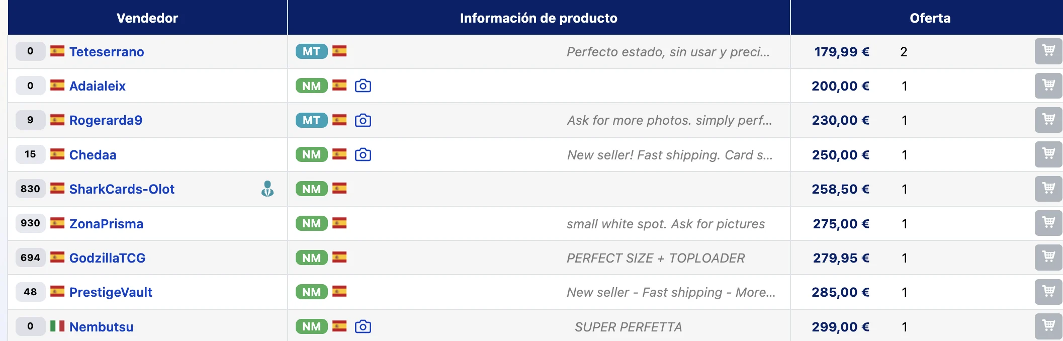 Ofertas de Cardmarket de un Pikachu ex en español Near Mint, de la más barata a la más cara: ocho vendedores en España y uno en Italia.